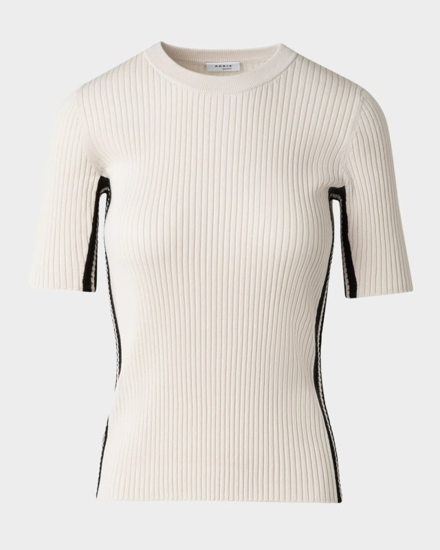 Crochet Stripe Rib Knit Short Sleeve Sweater